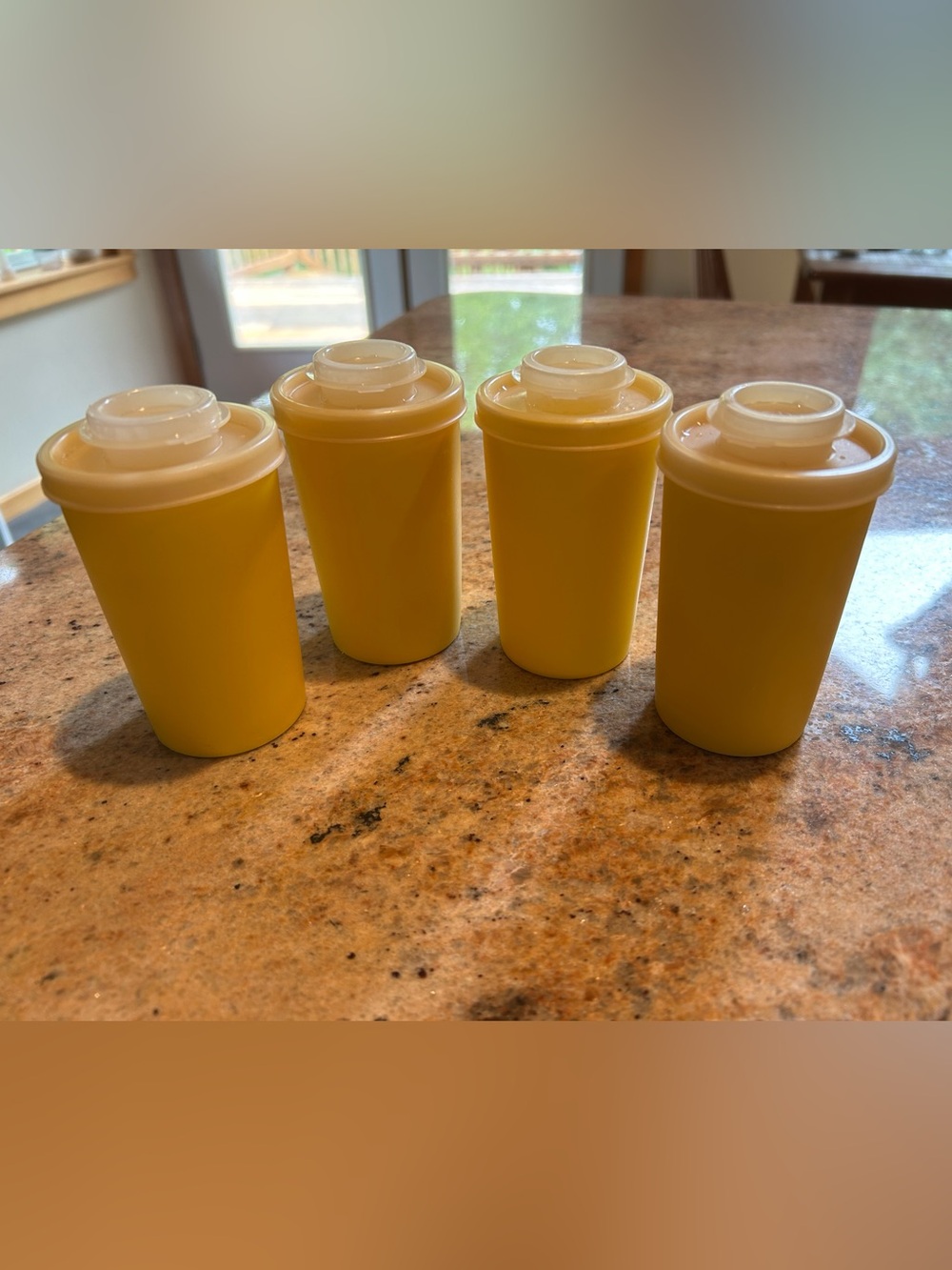 Tupperware #102-18 Set of 4 “Harvest Yellow” Flip Top Spice Shakers 1970’s 3.5”H